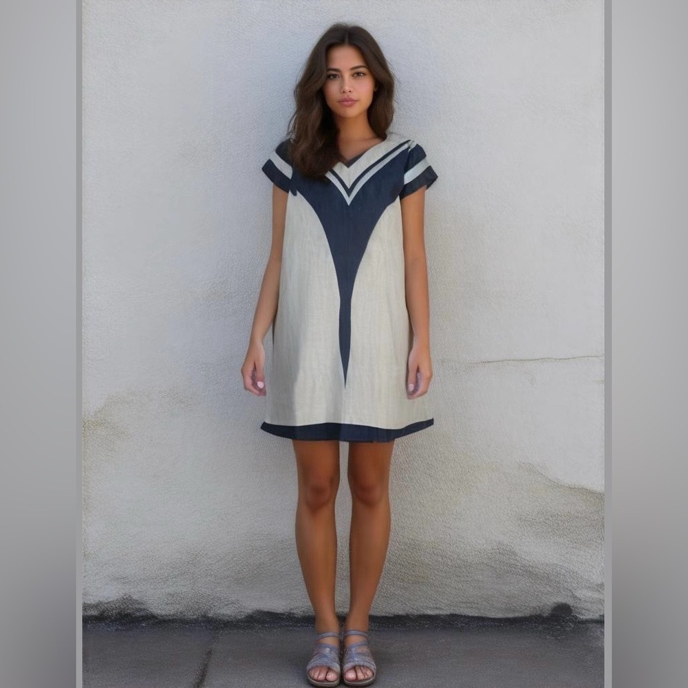FARM Rio Knee Length Linen Blend Dress Blue White Medium (Fits like a Small)
